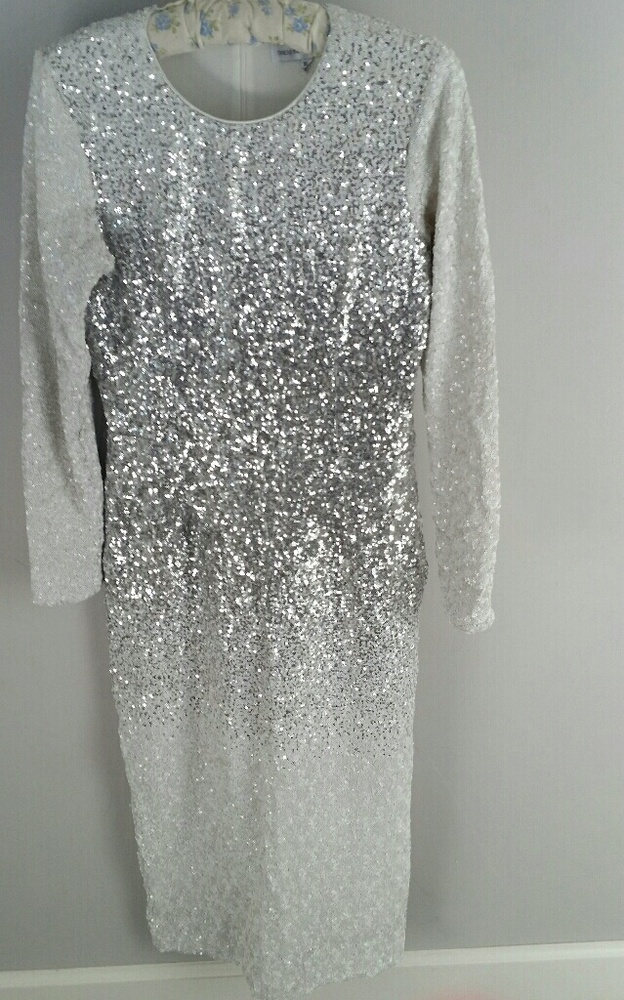 Dress the Population Silver and White Long Sleeve Sequin Midi Dress